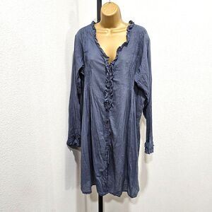 Apu Indie Peasant Cottage Blue Ruffle Crinkle Dress Womens Lg Boho Natural Fiber